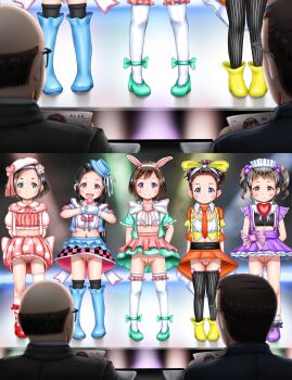 2boys 5girls absurdres age_difference audience before_and_after beret black_hair blush censored cleft_of_venus close-up clothes_lift competition costume embarrassed flat_chest full_body hat higeepon highres huge_filesize ies loli long_hair looking_at_viewer medal microphone multiple_boys multiple_girls music no_panties pageant pageantry public_indecency public_nudity pussy rabbit_ears short_hair singing skirt skirt_lift smile split_screen stage standing striped thighhighs third-party_edit upskirt