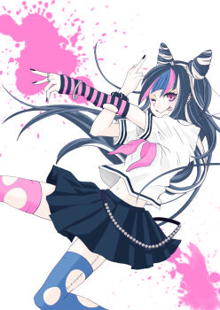black_hair black_nails black_skirt blue_hair blue_streaks bracelet commentary_request danganronpa_(series) danganronpa_2:_goodbye_despair ear_piercing elbow_gloves eyelashes face_piercing fingerless_gloves fingernails gloves hair_horns highres jewelry long_hair mioda_ibuki mismatched_thighhighs mouth_piercing multicolored_gloves multicolored_hair nail_polish neckerchief one_eye_closed piercing pink_eyes pink_hair pink_neckerchief pink_streaks ring school_uniform scrunchie serafuku shirt short_sleeves single_elbow_glove single_fingerless_glove single_glove skirt smile splatter_background stitches streaked_hair striped_clothes striped_gloves thighhighs tongue tongue_out torn_clothes torn_thighhighs two-tone_gloves white_background white_hair white_shirt wrist_scrunchie xxxalice626xxx