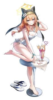 1girl absurdres animal_ears arm_up barefoot blue_archive blue_eyes blush breasts cleavage collarbone commentary_request covered_navel cross-laced_clothes cross-laced_one-piece_swimsuit dessert flower food frills full_body hair_between_eyes hair_flower hair_ornament halo highres long_hair looking_at_viewer mari_(blue_archive) mungduck one-piece_swimsuit orange_hair simple_background slippers small_breasts smile solo standing standing_on_one_leg sweat swimsuit unworn_slippers white_background white_flower white_one-piece_swimsuit yellow_halo