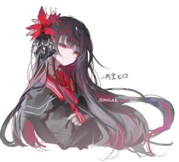 1girl black_hair black_shirt blunt_bangs character_name closed_mouth flower hair_flower hair_ornament hashtag-only_commentary highres long_hair long_sleeves looking_at_viewer mahou_shoujo_no_majo_saiban nikaido_hiro red_eyes red_flower shirt simple_background smile solo translation_request upper_body white_background xingyi_(yiyiyiyiyi)