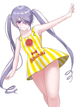 1girl absurdres bandaid bandaid_on_cheek bandaid_on_face bandaid_on_nose closed_mouth commentary_request dress eka_kinoko grey_hair highres hololive hololive_english jewel_under_eye koseki_bijou long_hair multicolored_dress outstretched_arm purple_eyes simple_background smile solo striped_clothes striped_dress twintails virtual_youtuber white_background white_dress yellow_dress