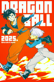 2boys amputee black_hair blue_boots blue_shirt boots clenched_hand clenched_hands copyright_name dragon_ball dragonball_z full_body grey_pants highres male_focus multiple_boys orange_pants orange_shirt pants purple_hair red_background running sasaki_tomomi scar scar_on_face shirt short_hair simple_background son_gohan son_gohan_(future) spiked_hair trunks_(dragon_ball) trunks_(future)_(dragon_ball) two-tone_shirt white_shirt