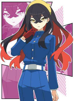 Rule 34 | 1girl, black hair, blue gakuran, blue jacket, blue pants, carmine (pokemon), closed mouth, colored inner hair, crossed bangs, gloves, hair between eyes, hairband, highres, jacket, kanbei (pixiv11037490), long hair, long sleeves, mole, mole under eye, multicolored hair, nintendo, pants, pokemon, pokemon sv, red gloves, red hair, single glove, two-tone hair, yellow eyes, yellow hairband, zoom layer