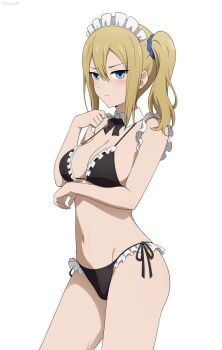 1girl bikini black_bikini black_bow black_bowtie blonde_hair blue_eyes blush bow bowtie breasts cleavage closed_mouth commentary cowboy_shot detached_collar frilled_bikini frills hair_between_eyes hayasaka_ai highres kaguya-sama_wa_kokurasetai_~tensai-tachi_no_renai_zunousen~ large_breasts looking_at_viewer maid maid_bikini maid_headdress navel side-tie_bikini_bottom side_ponytail simple_background solo swimsuit thighs unconventional_maid v-shaped_eyebrows white_background white_headdress yisusjpl