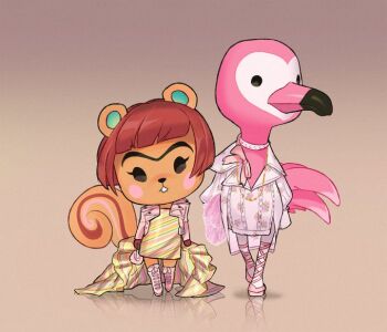 2girls alternate_costume animal_crossing bag ballet_slippers bird bird_girl blunt_bangs blush boots bow brown_hair buck_teeth choker commentary cropped_jacket cross-laced_footwear crossed_legs diagonal-striped_dress dress english_commentary flamingo flora_(animal_crossing) floral_print floral_print_dress full_body gradient_background hazel_(animal_crossing) holding holding_bag jacket lapels long_sleeves looking_at_viewer looking_to_the_side moschino multiple_girls nintendo oskar_vega pink_bow pink_jacket print_dress reflection short_hair side-by-side sideways_glance squirrel_girl striped_clothes striped_dress teeth thigh_boots unibrow white_choker white_dress