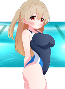 1girl black_one-piece_swimsuit blush breasts brown_eyes brown_hair competition_swimsuit covered_navel cowboy_shot highres large_breasts long_hair looking_at_viewer minagi_koharu one-piece_swimsuit pool r245 side_ponytail slow_loop smile solo swimsuit thick_thighs thighs two-tone_swimsuit water