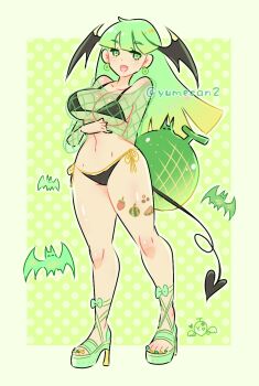 Rule 34 | 1girl, alternate costume, arm behind back, arm under breasts, artist name, bat (animal), bikini, black bikini, breasts, capcom, collarbone, darkstalkers, demon girl, demon tail, dot nose, eyebrows hidden by hair, eyelashes, female focus, fishnet top, fishnets, food, fruit, full body, green background, green eyes, green hair, green sandals, green shirt, head wings, high heel sandals, highres, large breasts, long hair, looking at viewer, melon, morrigan aensland, multicolored bikini, open mouth, sandals, shirt, simple background, solo, standing, swimsuit, tail, two-tone bikini, wings, y.o (chuchu), yellow bikini