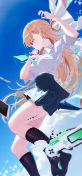 1girl absurdres adapted_costume arm_up black_nails black_skirt black_socks blonde_hair blowing_bubble_gum blue_sky braid braided_bangs chewing_gum collared_shirt commentary day earrings fingernails from_side green_necktie highres jewelry long_hair lynae_(wuthering_waves) nail_polish necktie outdoors purple_eyes seehyun1031 shirt shirt_tucked_in skirt sky socks solo star_(symbol) star_earrings tacet_mark_(wuthering_waves) very_long_hair white_shirt wuthering_waves