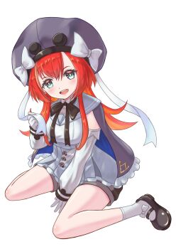 Rule 34 | 1girl, :d, black bow, black shoes, blue eyes, bow, capelet, detached sleeves, gloves, grey capelet, grey hat, hat, hat bow, highres, marna popri, mary janes, open mouth, ossannoa, red hair, ribbon, shirt, shoes, shorts, simple background, sitting, smile, socks, solo, white background, white bow, white gloves, white ribbon, white shirt, white socks, world connect