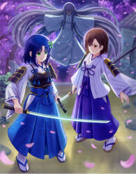 Rule 34 | 3girls, absurdly long hair, black footwear, black hair, blue hair, blue hakama, brown eyes, brown footwear, brown hair, butterfly hair ornament, commentary request, commission, glowing, glowing eyes, green eyes, hair ornament, hakama, hakama skirt, highres, holding, holding polearm, holding sword, holding weapon, iroha (iroha matsurika), japanese clothes, katana, kimono, long hair, long sleeves, miko, multiple girls, muneate, naginata, night, night sky, original, outdoors, parted bangs, petals, polearm, red eyes, sandals, shaded face, skirt, sky, socks, standing, sword, tabi, tree, very long hair, weapon, white kimono, white socks, wide sleeves, zouri