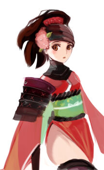 Rule 34 | 1girl, armor, brown eyes, brown hair, comb, female focus, flower, hair flower, hair ornament, japanese armor, japanese clothes, katana, kimono, kote, looking at viewer, momohime, obi, oboro muramasa, sash, sheath, short kimono, shoulder armor, side slit, simple background, sode, solo, striped clothes, striped thighhighs, sword, thighhighs, weapon, white background, wizard898