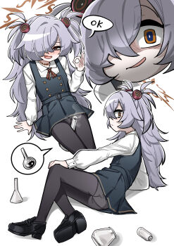 1girl arm_rest ass bags_under_eyes belt belt_buckle between_legs black_dress black_pantyhose black_shoes blue_archive blush bright_pupils buckle buttons close-up closed_mouth collared_shirt commentary_request container diagonal-striped_ribbon dot_nose double-breasted dress english_text erlenmeyer_flask fey_(whitepaper) flask flat_chest from_side full_body furrowed_brow grey_hair hair_between_eyes hair_ornament hair_over_one_eye half-closed_eyes halo hand_on_own_knee hand_rest hand_up highres jar kanoe_(blue_archive) korean_commentary loafers loli long_bangs long_hair long_sleeves looking_at_viewer looking_to_the_side lying mary_janes messy_hair mojyo multiple_views nose_blush ok_sign on_side one_eye_covered open_mouth orange_eyes orange_halo panties panties_under_pantyhose pantyhose parted_bangs partially_shaded_face pinafore_dress puffy_long_sleeves puffy_sleeves red_ribbon ribbon round-bottom_flask scar scar_on_neck shaded_face shirt shoe_soles shoes short_twintails sidelocks sideways_glance simple_background sleeve_cuffs sleeveless sleeveless_dress smile smirk speech_bubble steam thighs twintails two_side_up underwear very_long_hair white_background white_panties white_shirt wide-eyed