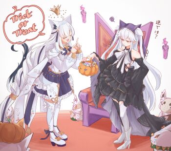 Rule 34 | 2girls, absurdres, ahoge, alternate hair length (longer), animal ear fluff, animal ears, asymmetrical legwear, back bow, bare shoulders, black dress, black sleeves, black thighhighs, blue skirt, blush, boots, bow, bowtie, braid, bright pupils, cape, chamomile (kazumasa), closed eyes, collared halterneck, colored shoe soles, commentary, crown, detached sleeves, double-parted bangs, dress, facing another, floating crown, fox ears, fox girl, fox tail, frilled dress, frills, full body, gold crown, gothic lolita, grey hair, hair ribbon, hair tubes, half up braid, halloween, halloween bucket, halter dress, halterneck, hand on own hip, headscarf, high heel boots, high heels, highres, holding, holding halloween bucket, hololive, index finger raised, juliet sleeves, large bow, layered dress, lolita fashion, long hair, long pointy ears, long sleeves, low-tied long hair, metal hair tubes, miniskirt, mismatched legwear, multiple girls, naila (shirakami fubuki), official alternate costume, official alternate hairstyle, open mouth, platform heels, pointy ears, puffy long sleeves, puffy sleeves, purple headscarf, red eyes, ribbon, shirakami fubuki, shirakami fubuki (saint), shirt, short dress, sidelocks, skirt, sleeveless, sleeveless dress, stiletto heels, sukonbu (shirakami fubuki), tail, thighhighs, trick or treat, two side up, very long hair, virtual youtuber, white bow, white bowtie, white cape, white hair, white overskirt, white pupils, white shirt, white thighhighs, wide sleeves, wrapped hair