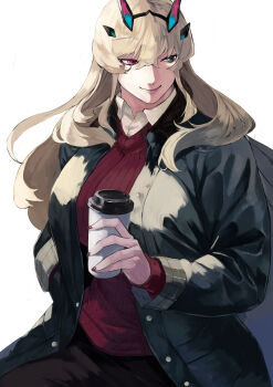 1girl absurdres barghest_(fate) black_jacket black_pants blonde_hair breasts commentary cup disposable_coffee_cup disposable_cup english_commentary fate/grand_order fate_(series) green_eyes gumi_(the_eye_of_darkness) heterochromia highres horns jacket large_breasts long_hair long_sleeves pants red_eyes red_sweater smile solo sweater