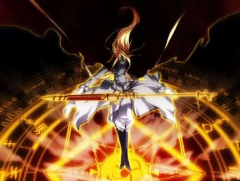 1girl blonde_hair cape circle deutsches_ahnenerbe dies_irae g_yuusuke game_cg gloves glowing grin lance lance_of_longinus_(dies_irae) long_hair magic non-web_source official_art pants polearm reinhard_heydrich_(dies_irae) runes shinza_bansho_series smile solo stole third-party_source waffen-ss weapon