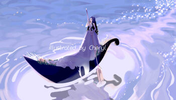 1girl absurdres bare_arms bare_shoulders boat cardcaptor_sakura cheryl_qaq closed_mouth daidouji_tomoyo dress flower full_body gown highres holding holding_oar light_particles long_hair long_sidelocks oar pink_flower purple_eyes purple_hair reflection reflective_water rowing sidelocks sleeveless sleeveless_dress smile solo standing train_(clothing) very_long_hair water watercraft wavy_hair white_dress yellow_flower