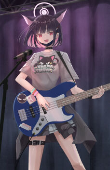 1girl :d a_ekoa absurdres animal_ears animal_print blue_archive blunt_bangs blunt_ends bob_cut bracelet cat_ears cat_girl cat_print clothes_around_waist colored_eyelashes colored_inner_animal_ears colored_inner_hair commentary earclip earrings english_text extra_ears floating_hair guitar hair_behind_ear hair_ornament hairclip halo highres holding holding_guitar holding_instrument instrument jewelry kazusa_(band)_(blue_archive) kazusa_(blue_archive) looking_at_viewer mask mask_pull microphone miniskirt mouth_mask multicolored_hair multiple_bracelets music official_alternate_costume open_mouth pink_hair pink_halo playing_guitar playing_instrument pleated_skirt print_shirt red_eyes shirt short_hair short_sleeves skirt slit_pupils smile solo stage straight_hair stud_earrings t-shirt thigh_strap tsurime two-tone_hair white_shirt white_skirt