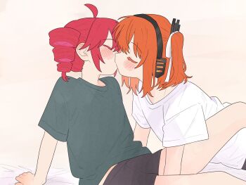 2girls a.i._voice adachi_rei black_shirt black_shorts blush closed_eyes commentary drill_hair hair_ribbon hashtag-only_commentary headphones highres kasane_teto kiss multiple_girls ofo_j1 one_side_up orange_hair red_hair ribbon shirt shorts simple_background twin_drills utau white_ribbon white_shirt yellow_background yuri