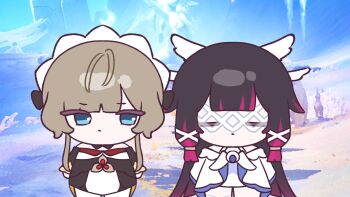 Rule 34 | 2girls, black collar, black sleeves, braid, bun with braided base, closed eyes, collar, columbina (genshin impact), commentary, detached collar, detached sleeves, dress, eye mask, eyes on wings, fatui coat, feathered wings, gem, genshin impact, hair ornament, head wings, headdress, highres, mask, mikurumikurumi, multicolored hair, multiple girls, multiple wings, purple streaks, red gemstone, sandrone (genshin impact), short hair with long locks, symbol-only commentary, symbol-shaped pupils, two-tone hair, white dress, white headdress, white mask, white wings, wing hair ornament, wings, wrist bow, x-shaped eyewear, x-shaped pupils