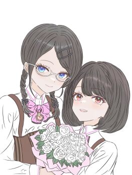 2girls assault_lily black_bow black_hair blue_eyes blush bouquet bow bowtie braid breasts closed_mouth collared_shirt commentary_request corset flower hair_bow hair_ornament hairclip hand_up hasegawa_gabriella_tsugumi highres holding holding_bouquet jewelry long_hair long_sleeves looking_at_viewer low_twin_braids low_twintails ludvico_private_girls&#039;_academy_school_uniform matsunaga_brigitta_kayo multiple_girls necklace parted_bangs parted_lips pendant pickles_(picpicpickles) pink_bow pink_bowtie red_eyes rose school_uniform semi-rimless_eyewear shirt short_hair side-by-side simple_background smile suspenders teeth twin_braids twintails under-rim_eyewear underboob upper_body upper_teeth_only white-framed_eyewear white_background white_flower white_rose white_shirt