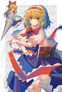 1girl alice_margatroid blonde_hair blue_dress book dress hairband highres looking_at_viewer minuo red_hairband shanghai_doll short_hair smile solo touhou