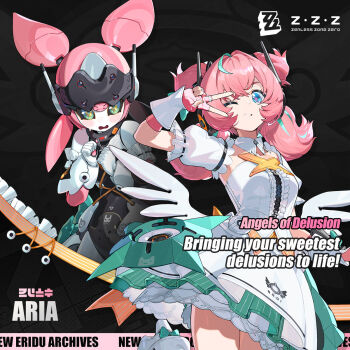 1girl angel_wings blue_eyes blush breasts commentary dress english_commentary green_eyes green_hair highres humanoid_robot joints mechanical_arms medium_breasts multicolored_hair official_art one_eye_closed open_mouth pink_hair promotional_art robot robot_girl robot_joints shoes smile v white_dress wings yutane_johiel zenless_zone_zero