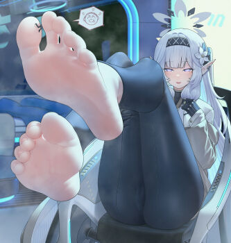 Rule 34 | 1boy, 1girl, absurdres, barefoot, between toes, black gloves, black hairband, black pants, blue archive, blunt bangs, blush, commentary, doodle sensei (blue archive), earclip, english commentary, feet, flower, foot focus, foreshortening, gloves, grey halo, hair flower, hair ornament, hair tubes, hairband, halo, highres, himari (blue archive), jacket, knees up, leg hold, long hair, long sleeves, miaokong, mini person, mole, mole under eye, multicolored halo, off shoulder, pants, parted lips, pointy ears, powered wheelchair, purple eyes, sensei (blue archive), sitting, smell, smile, soles, striped clothes, striped hairband, thighs, toe scrunch, toenails, toes, turtleneck, two-tone halo, very long hair, wheelchair, white hair, white halo