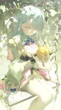 1girl absurdres antler_ribbon antlers apple bow bowtie braid braided_bangs branch breasts bridal_gauntlets brooch ceres_fauna ceres_fauna_(1st_costume) character_doll cleavage doll dress earrings flower food framed_breasts fruit golden_apple green_flower green_hair green_nails hair_between_eyes hair_branch hair_flower hair_ornament highres hololive hololive_english horns jewelry kyoro_ina large_breasts long_hair long_sleeves mole mole_under_eye on_swing open_mouth rose single_braid sitting solo swing tree_horns upper_body virtual_youtuber white_dress wide_sleeves yellow_eyes