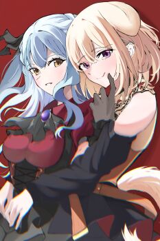 2girls absurdres animal_ears bang_dream! bang_dream!_it's_mygo!!!!! black_corset blonde_hair blue_hair breasts chromatic_aberration closed_mouth clothing_cutout commentary corset dog_ears dog_girl dog_tail doloris_(bang_dream!) highres kemonomimi_mode lilachinami long_hair looking_at_viewer medium_breasts medium_hair misumi_uika multiple_girls oblivionis_(bang_dream!) open_mouth purple_eyes red_background red_shirt shirt shoulder_cutout simple_background tail tearing_up togawa_sakiko untranslatable_commentary yellow_eyes