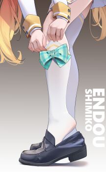 1girl adjusting_clothes adjusting_legwear black_shoes blue_archive character_name chinese_commentary commentary_request fine_fabric_emphasis highres loafers long_hair long_sleeves lower_body orange_hair painterliuhao shimiko_(blue_archive) shoes solo standing thighhighs white_thighhighs