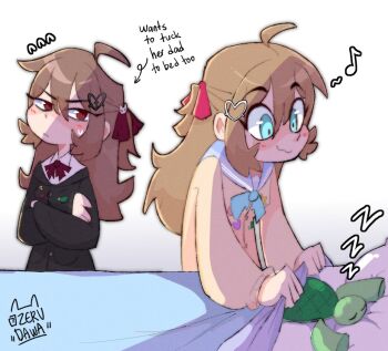 2girls ahoge black_cardigan blue_eyes blue_sailor_collar bow bowtie broken_heart broken_heart_hair_ornament brown_hair cardigan commentary covering_with_blanket english_commentary evil_neuro-sama hair_between_eyes hair_ornament hair_ribbon heart heart_hair_ornament long_hair long_sleeves multiple_girls neuro-sama red_eyes red_ribbon ribbon sailor_collar siblings sleeping turtle two_side_up vedal987 vedal_ai virtual_youtuber yellow_cardigan zerudawaa zzz