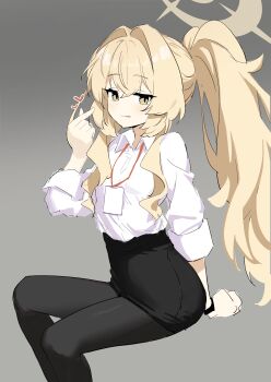 1girl :q absurdres black_pantyhose black_skirt blonde_hair blue_archive closed_mouth collared_shirt from_side grey_background hair_intakes halo hand_up heart highres invisible_chair long_hair looking_at_viewer looking_to_the_side makura_u9b pantyhose ponytail professor_niyaniya_(blue_archive) professor_niyaniya_(teacher)_(blue_archive) shirt shirt_tucked_in simple_background sitting sketch skirt smile solo tongue tongue_out very_long_hair white_shirt yellow_eyes yellow_halo