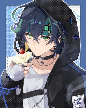 1boy absurdres alternate_costume aqua_headband black_choker black_hair black_hood black_jacket blue_background blue_border border cake character_name choker closed_mouth cross cross_earrings earrings food fruit genshin_impact green_eyes green_hair hair_between_eyes headband highres holding holding_cake holding_food hood hood_up hooded_jacket jacket jewelry kinich_(genshin_impact) long_sleeves looking_at_viewer male_focus multicolored_hair necklace nya_inuha shirt short_hair simple_background solo strawberry white_shirt
