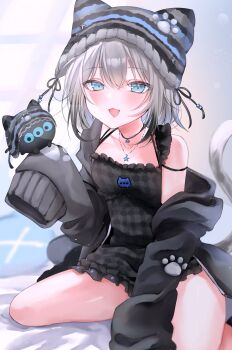 Rule 34 | 1girl, animal ears, animal hat, bare legs, bare shoulders, beanie, black dress, black hoodie, black ribbon, black streaks, blue eyes, blush, breasts, cat ears, cat girl, cat hat, collarbone, commentary, commentary request, dot nose, dress, fang, frilled dress, frills, grey hair, hat, hennyano (nachoneko), highres, hood, hood down, hoodie, indie virtual youtuber, jewelry, legs, long sleeves, looking at viewer, meimocox, multicolored hair, nachoneko, necklace, off shoulder, open clothes, open hoodie, open mouth, oversized clothes, paw print, plaid clothes, plaid dress, ribbon, seiza, short hair, sidelocks, single bare shoulder, single off shoulder, sitting, sleeves past fingers, sleeves past wrists, small breasts, smile, solo, star (symbol), star necklace, strap slip, streaked hair, tail, thighs, tongue, virtual youtuber