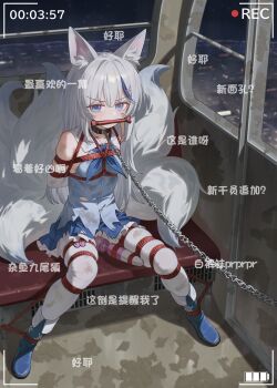 1girl absurdres amadeus_frost animal_ear_fluff animal_ears arms_behind_back bare_shoulders bdsm bit_gag blue_neckerchief blue_shirt bondage boots bound bound_ankles bound_arms bound_breasts bound_legs bound_torso breasts chain chain_leash collar detached_sleeves egg_vibrator female_focus ferris_wheel forced_orgasm frilled_skirt frills gag gagged grey_hair highres hitachi_magic_wand huge_filesize kitsune kyuubi leash loli long_hair looking_at_viewer multiple_tails neckerchief night night_sky original pantyhose pov_camera restrained sailor_collar separated_legs sex_toy shibari shibari_over_clothes shirt sitting skindentation skirt sky slave sleeveless sleeveless_shirt small_breasts solo spread_legs tail torn_clothes torn_shirt variant_set very_long_hair vibrator viewfinder white_pantyhose