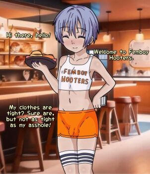 1boy blue_hair blush closed_eyes closed_mouth collarbone crop_top english_text feet_out_of_frame femboy_hooters_(meme) holding holding_tray hooters light_blush nail_polish nose_blush orange_shorts original penis purple_nails shirt shorts sleeveless sleeveless_shirt small_penis smile solo standing taiggerrock thigh_strap trap tray white_shirt