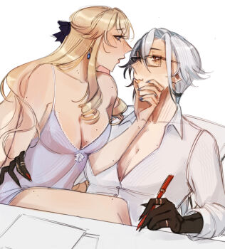 2girls arlecchino_(genshin_impact) babydoll babylo669 black_hands black_streaks blonde_hair blue_babydoll blue_eyes breasts cleavage colored_extremities commentary earrings english_commentary genshin_impact glasses hand_on_another's_face hand_on_another's_waist highres holding holding_pen jewelry large_breasts long_hair mole mole_on_breast mole_on_neck mole_under_eye multiple_girls navia_(genshin_impact) pen red_pupils shirt simple_background sitting sitting_on_lap sitting_on_person white_background white_hair white_shirt yuri