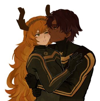 1boy 1girl anger_vein antlers biting biting_cheek black_bodysuit black_gloves bodysuit brown_hair brown_hairband dark-skinned_male dark_skin gloves hairband heathcliff_(project_moon) highres horns hug ishmael_(project_moon) limbus_company long_hair one_eye_closed orange_hair project_moon r_corp._(identity)_(project_moon) reindeer_antlers rope scar scar_on_face selachymorpha sidelocks simple_background upper_body very_long_hair white_background