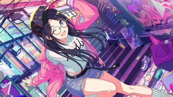 1girl alley baseball_cap belt black_belt black_hair blue_eyes bracelet breasts can cel_shading clothes_writing commentary day denim denim_shorts dutch_angle earrings feet_out_of_frame game_cg glasses graffiti hat holding holding_unworn_clothes holding_unworn_hat idolmaster idolmaster_shiny_colors jacket jewelry leaning_forward long_hair looking_at_viewer midriff_peek mitsumine_yuika multicolored_hat official_art one_eye_closed open_clothes open_jacket open_mouth parted_bangs patch pink_jacket pink_nails purple_nails round_eyewear shirt shorts sign small_breasts smile socks solo stairs standing standing_on_one_leg storefront t-shirt torn_clothes torn_shorts traffic_cone unworn_hat unworn_headwear white_shirt white_socks window