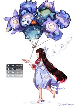 1girl angel_wings_hair_ornament animal_balloon anklet armlet bakeryowl balloon beamed_sixteenth_notes closed_eyes closed_mouth columbina_(genshin_impact) eighth_note english_text genshin_impact hair_ornament hand_up highres holding holding_balloon jewelry long_hair multicolored_hair musical_note simple_background smile standing standing_on_one_leg twitter_username white_background white_mask x_hair_ornament