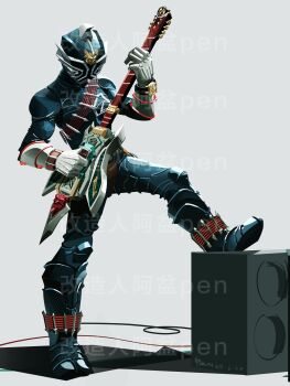 absurdres black_bodysuit black_helmet bodysuit character_request full_body guitar helmet highres instrument kamen_rider music penpenhuihui playing_guitar playing_instrument simple_background speaker standing tokusatsu white_background