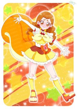 1girl arisugawa_himari artist_name blush border bow brown_eyes brown_hair cherry_earrings chest_bow choker closed_mouth collarbone commentary commission cosplay cure_custard cure_custard_(cosplay) dress dress_bow earrings elbow_gloves embarrassed food-themed_earrings food_themed_earrings full-face_blush full_body furrowed_brow gloves highres jewelry kirakira_precure_a_la_mode kneehighs long_hair looking_at_viewer low_twintails magical_girl nervous_smile open_hands orange_background orange_bow orange_choker orange_shoes orange_tail outstretched_arms pact_holder paw_shoes pota0606119 pouch precure self_cosplay shoes signature skeb_commission smile socks solo sparkle_background split_mouth spread_arms spread_fingers squirrel_tail standing star_(symbol) star_symbol_background tail thick_eyebrows twintails two-tone_background watermark white_border white_gloves yellow_background yellow_bow yellow_dress yellow_socks