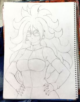 Rule 34 | android 21, breasts, commentary, dragon ball, dragon ball fighterz, dress, ear piercing, earrings, english commentary, glasses, graphite (medium), hair between eyes, hands on own hips, jewelry, large breasts, lineart, long hair, looking at viewer, photo (medium), piercing, ring, short dress, short sleeves, sidelocks, sketch, tight clothes, traditional media, turtlez, yami danight