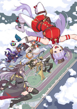 6+girls animal_ears armband beanie black_coat black_hair black_thighhighs blonde_hair blue_coat blue_eyes blunt_bangs boots bow bowtie brown_hat cloud coat colored_inner_hair commentary_request denim dream_journey_(umamusume) dress ear_bow ear_covers ears_through_headwear falling fenomeno_(umamusume) footwear_bow from_above glasses gloves goggles goggles_around_neck gold_ship_(red_strife)_(umamusume) gold_ship_(umamusume) gradient_hair grey_hair grin hair_intakes hat headgear highres holding horse_ears horse_girl horse_racing_track jeans jojo_no_kimyou_na_bouken knee_boots layered_sleeves long_sleeves looking_at_viewer multicolored_hair multiple_girls nakayama_festa_(umamusume) o-ring_strap orange_hair orfevre_(umamusume) pants pantyhose parody peaked_cap pillbox_hat puffy_short_sleeves puffy_sleeves purple_bow purple_eyes purple_hair red_armband red_bow red_bowtie red_dress rubik&#039;s_cube scene_reference short_over_long_sleeves short_sleeves single_ear_cover sleeveless sleeveless_dress smile smirk stay_gold_(umamusume) stay_gold_clan_(umamusume) striped_hat thigh_strap thighhighs torn_clothes torn_coat torn_jeans torn_pants umaguti umamusume underbust vento_aureo white_boots white_gloves white_hair white_pantyhose yellow_coat