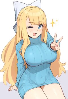 1girl blonde_hair blue_eyes bow breasts charlotte_(fire_emblem) fire_emblem fire_emblem_fates highres large_breasts long_hair looking_at_viewer nintendo nkirii one_eye_closed sweater sweater_only v white_bow wink