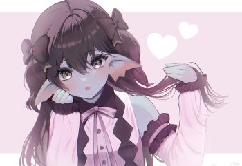 Rule 34 | 1girl, aqua eyes, aqua skin, black bow, black hair, blouse, border, bow, colored skin, commentary request, detached sleeves, dragon quest, dragon quest x, eyeshadow, fins, fish girl, frills, hair between eyes, hair bow, hand in own hair, hand on own cheek, hand on own face, head fins, heart, highres, jirai kei, long hair, looking at viewer, makeup, nikon (user aznh7528), open mouth, pink background, pink bow, pink sleeves, purple eyeshadow, shirt, short twintails, solo, twintails, upper body, weddie (dq10), white border