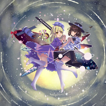 3girls absurdres arm_garter bat_(animal) black_bow black_bowtie black_hat black_skirt blonde_hair bow bowtie breasts brown_eyes brown_hair bug butterfly city door dress emloste fedora floating floating_hat flower frills gap_(touhou) hat hat_bow highres holding_hands insect leg_up maribel_hearn medium_breasts multiple_girls purple_dress sash satellite saturn_(planet) shirt skirt sky socks space star_(symbol) string swirl torifune_(touhou) touhou train white_hat white_shirt white_socks yakumo_yukari yellow_eyes yuri