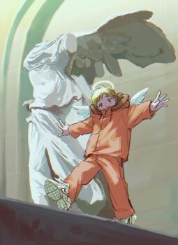 1boy angel blonde_hair child feathered_wings full_body halo head_tilt highres hood hood_down jacket kenny_mccormick looking_at_viewer male_focus mini_wings open_mouth orange_jacket orange_pants outstretched_arms pants shoes sneakers solo south_park spread_arms statue ume-bayashi walking white_shoes wings