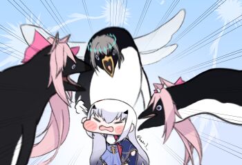 1girl 3others angry animal_ears arguing bird blush_stickers bow cape chibi commentary crown deformed dragonfly_wings dress english_commentary fate/grand_order fate_(series) fox_ears grey_hair hair_bow haon3 highres insect_wings koyanskaya_(fate) long_hair melusine_(fate) melusine_(second_ascension)_(fate) multiple_others oberon_(fate) oberon_(third_ascension)_(fate) open_mouth penguin pink_hair white_hair wings