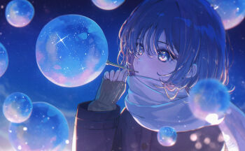 1girl blowing_bubbles brown_hair commentary_request hair_over_eyes hand_up highres jacket long_bangs looking_to_the_side medium_hair necojishi night original scarf signature sleeves_past_wrists soap_bubbles solo sweater white_scarf winter
